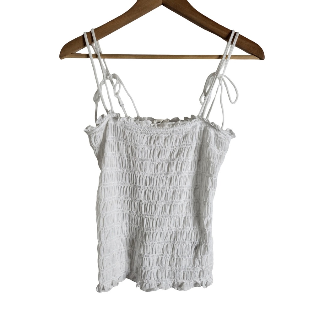 Aerie White Smocked Tie Strap Cami Top Ruffle Hem Cotton Coquette Cottagecore L